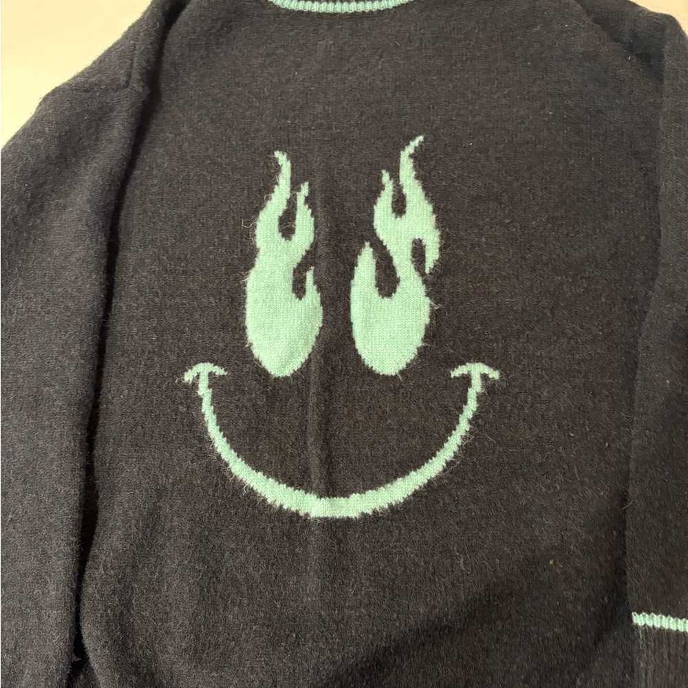 Adika Mock Neck Flaming Smiley Face Black Sweater Size M/L